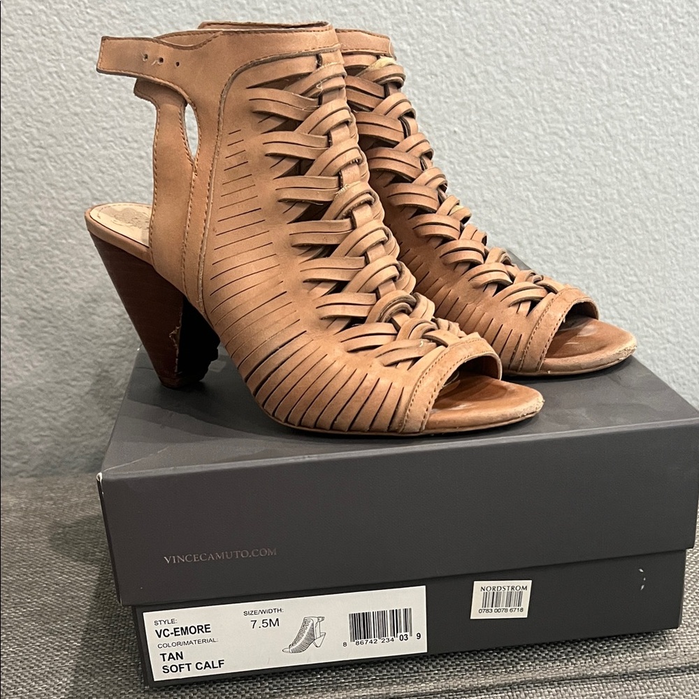 Vince Camuto Emore Open Toe Gladiator Heeled Sandal Womens 7.5 Tan Leather